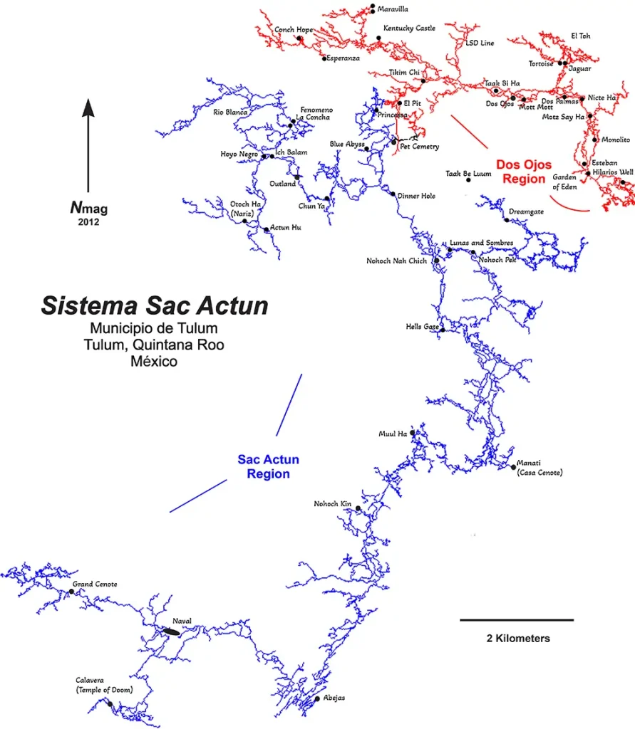 Sac Actun-Nohoch-Dos Ojos Cave lines with cenotes name General Map